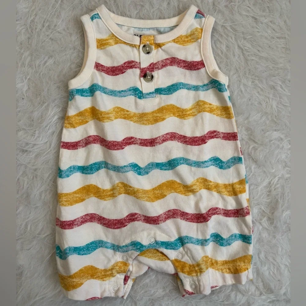 Old Navy Gender Neutral Baby Beachy Henley Romper in Teal, Mustard & Red